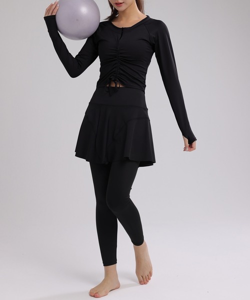 長袖クロップド丈ハーフジップリボントップス+スカート一体型フル