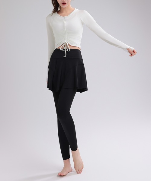 スカートwithハーフレギンス 長袖クロップド丈ハーフジップリボントップス+スカート一体型フル