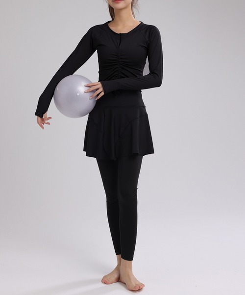 スカートwithハーフレギンス 長袖クロップド丈ハーフジップリボントップス+スカート一体型フル