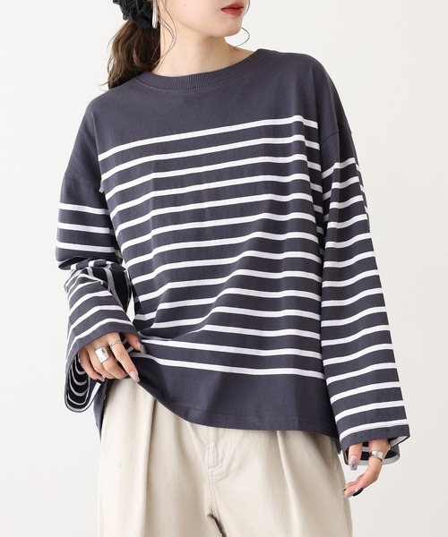 OMNES（オムネス）の「パネルボーダー ワイドスリーブ長袖Tシャツ（Tシャツ/カットソー・レディース・グレー系その他/ホワイト系その他・FREE）」の2枚目の写真