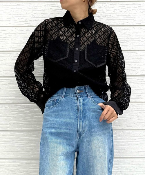 Q(キュー)の「レース柄シャツ(シャツ/ブラウス・レディース・ブラック/アイボリー・MEDIUM)」の2枚目の写真