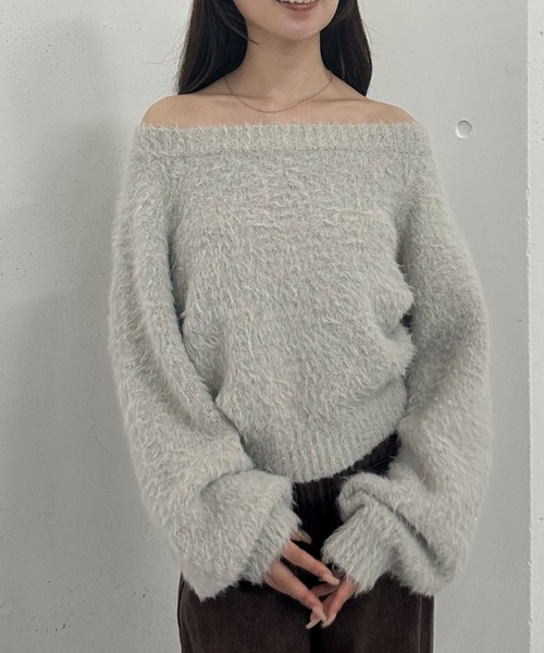 archives(アルシーヴ)の「ラメブークレフェザーニットプルオーバー(ニット/セーター・レディース・アイボリー/グレー/モカ/ネイビー/ピンク・MEDIUM)」の3枚目の写真