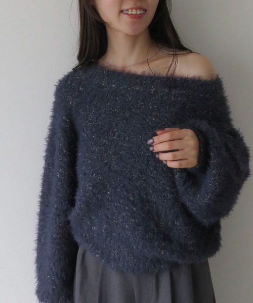 archives(アルシーヴ)の「ラメブークレフェザーニットプルオーバー(ニット/セーター・レディース・アイボリー/グレー/モカ/ネイビー/ピンク・MEDIUM)」の6枚目の写真