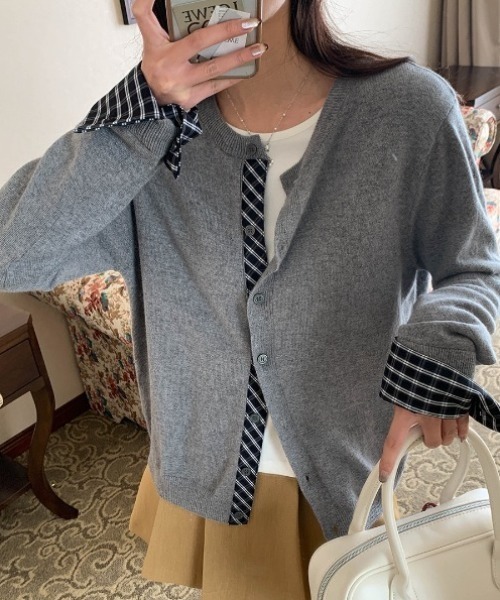 yuue' ( wear )（ユーイ）の「フェイクレイヤードチェック柄カーディガン（カーディガン/ボレロ・レディース・アイボリー/ブラック/グレー/ネイビー・FREE）」の6枚目の写真