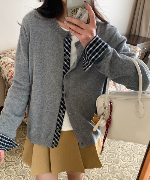 yuue' ( wear )（ユーイ）の「フェイクレイヤードチェック柄カーディガン（カーディガン/ボレロ・レディース・アイボリー/ブラック/グレー/ネイビー・FREE）」の11枚目の写真