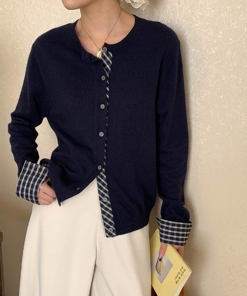 yuue' ( wear )（ユーイ）の「フェイクレイヤードチェック柄カーディガン（カーディガン/ボレロ・レディース・アイボリー/ブラック/グレー/ネイビー・FREE）」の14枚目の写真