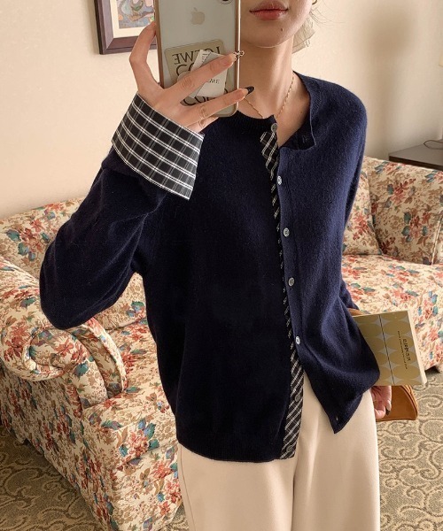 yuue' ( wear )（ユーイ）の「フェイクレイヤードチェック柄カーディガン（カーディガン/ボレロ・レディース・アイボリー/ブラック/グレー/ネイビー・FREE）」の15枚目の写真