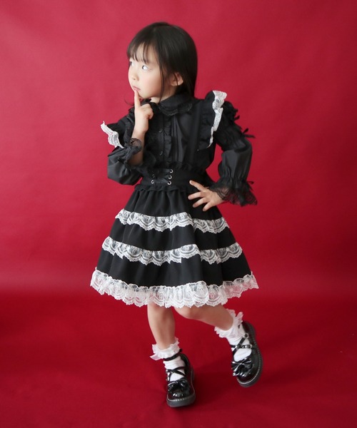 お嬢様風ロリータレースティアードジャンパースカート（ワンピース