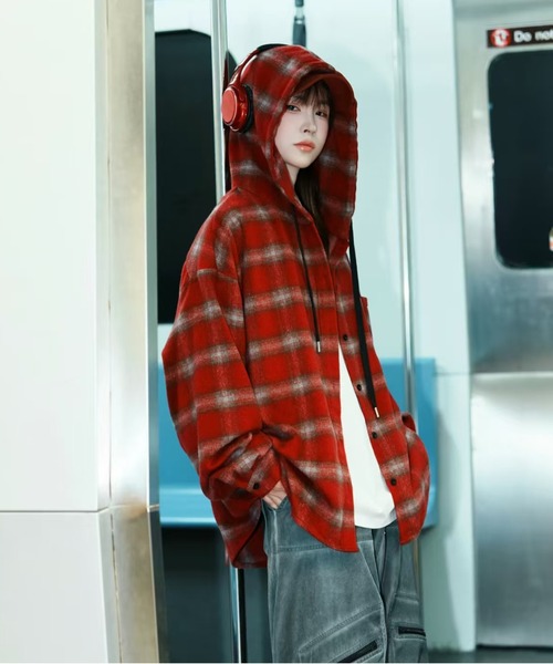 セール】【新作】ジェンダーレス--チェック柄フード付きシャツ（シャツ