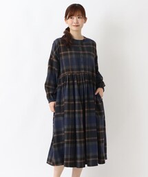 ネルウエスト切替 長袖ギャザーワンピース