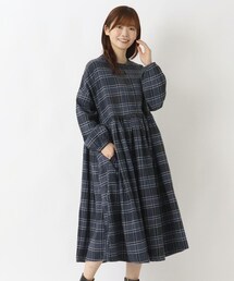ネルウエスト切替 長袖ギャザーワンピース
