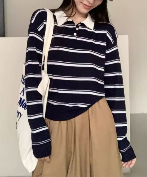SHEPP(シープ)の「【26年春新作】ボーダーニットポロプルオーバー / ポロ襟ニット(ニット/セーター・レディース・ブラック/ピンク・F)」の7枚目の写真