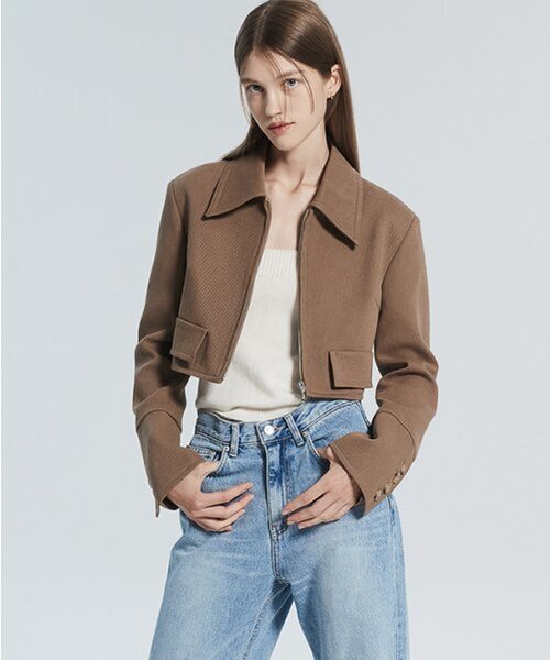 Fitted Crop Zip Jacket [BROWN]