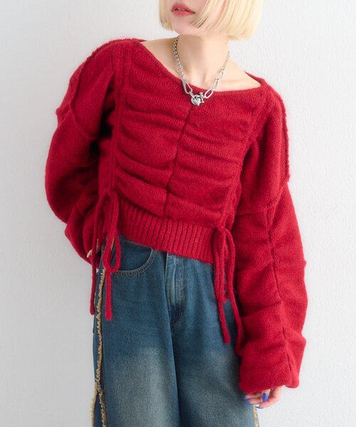 w closet(ダブルクローゼット)の「【5色展開】ドロストシャギーニット(ニット/セーター・レディース・レッド/アイボリー/ベージュ/ブルー/グレー・FREE)」の5枚目の写真