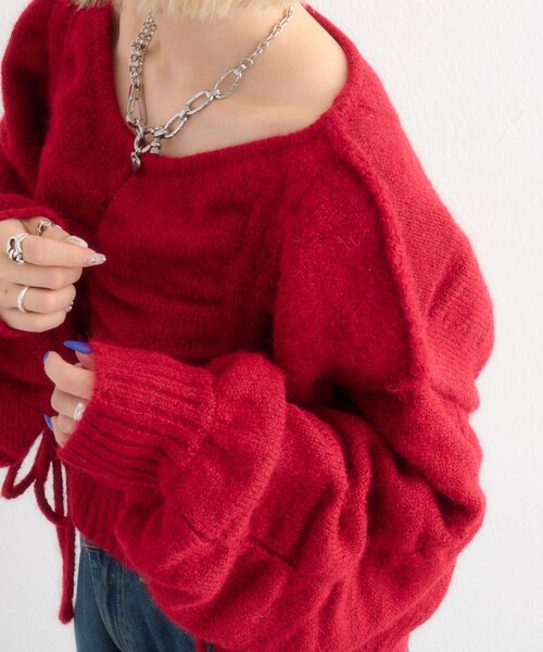 w closet(ダブルクローゼット)の「【5色展開】ドロストシャギーニット(ニット/セーター・レディース・レッド/アイボリー/ベージュ/ブルー/グレー・FREE)」の11枚目の写真