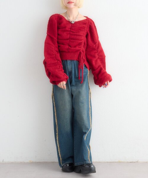 w closet(ダブルクローゼット)の「【5色展開】ドロストシャギーニット(ニット/セーター・レディース・レッド/アイボリー/ベージュ/ブルー/グレー・FREE)」の6枚目の写真