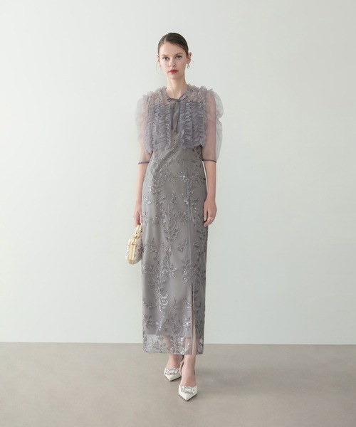 LEJA チュールフリルボレロフラワースパンコールＩラインワンピースドレス セール】【LEJA】チュールフリルボレロフラワースパンコールIライン