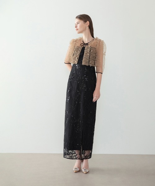 Leja(レジャ)の「【LEJA】チュールフリルボレロフラワースパンコールIラインワンピースドレス2点セット美脚効果結婚式 パーティードレス 成人式 二次会 同窓会 お呼ばれ オケージョン 20代 30代(ドレス・レディース・グレー/ブラック・SMALL/MEDIUM)」の6枚目の写真