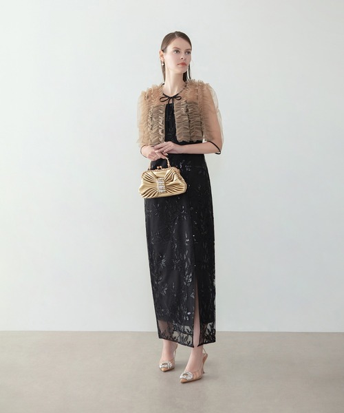 LEJA チュールフリルボレロフラワースパンコールＩラインワンピースドレス セール】【LEJA】チュールフリルボレロフラワースパンコールIライン