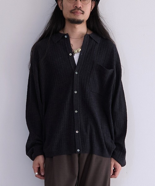 タグ付き！LUXEAKMPLUS Drape knit ブラックシャツ L crepuscule Crepe Knit Shirt (2601-006)（シャツ/ブラウス