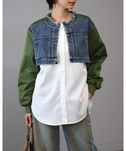 Doumoi(ドゥモエ)の「MA-1×デニムレイヤード風ドッキングブラウス(シャツ/ブラウス・レディース・グリーン系その他/ブラック系その他・FREE)」の1枚目の写真