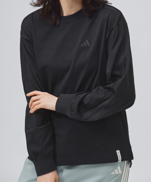 adidas（アディダス）の「アディダス adidas エッセンシャル プラス スリー ストライプス ルーズ フィット 長袖 Tシャツ（Tシャツ/カットソー・レディース・ブラック/オフホワイト/ライトグリーン・S/M/L/XL）」の7枚目の写真