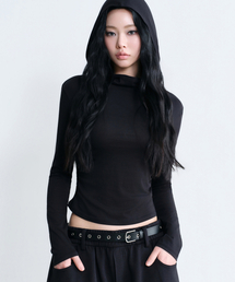 ウィメンズドレープフードパーカー長袖Tシャツ[ブラック]