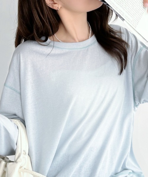 umune（ウムネ）の「シアーロンT 配色ステッチ カットソー クルーネック 長袖 トップス インナー シースルー レイヤード 透け感 秋 冬（Tシャツ/カットソー・レディース・ライトブルー/ブラック/オフホワイト・FREE）」の4枚目の写真