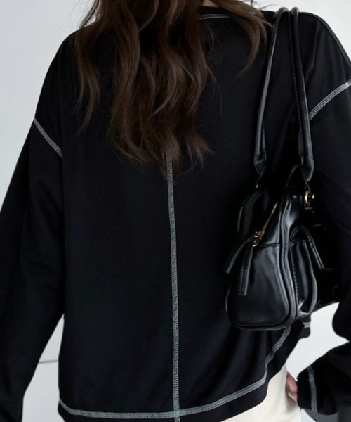 umune（ウムネ）の「シアーロンT 配色ステッチ カットソー クルーネック 長袖 トップス インナー シースルー レイヤード 透け感 秋 冬（Tシャツ/カットソー・レディース・ライトブルー/ブラック/オフホワイト・FREE）」の6枚目の写真
