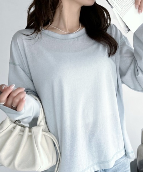 umune（ウムネ）の「シアーロンT 配色ステッチ カットソー クルーネック 長袖 トップス インナー シースルー レイヤード 透け感 秋 冬（Tシャツ/カットソー・レディース・ライトブルー/ブラック/オフホワイト・FREE）」の14枚目の写真