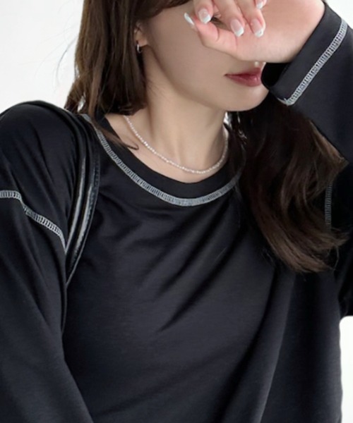 umune（ウムネ）の「シアーロンT 配色ステッチ カットソー クルーネック 長袖 トップス インナー シースルー レイヤード 透け感 秋 冬（Tシャツ/カットソー・レディース・ライトブルー/ブラック/オフホワイト・FREE）」の18枚目の写真