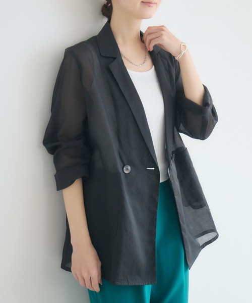 KATHARINE ROSS（キャサリンロス）の「【KATHARINE ROSS】ブライトコットンシアーテーラジャケット（テーラードジャケット・レディース・ベージュ/ブラック・FREE）」の2枚目の写真