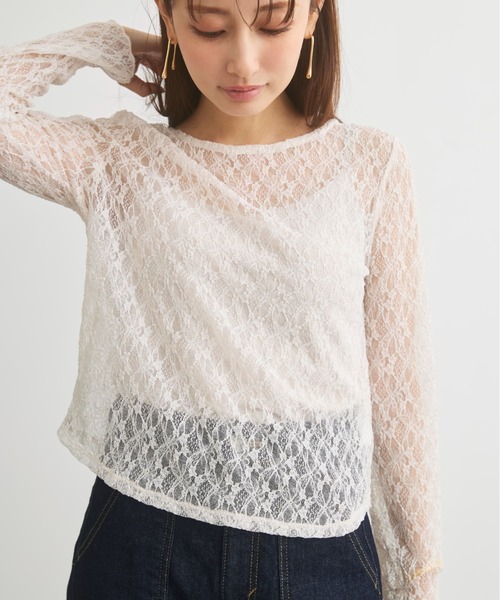 COHINA(コヒナ)の「ストレッチレースボートネックトップス 【低身長・小柄女性】(Tシャツ/カットソー・レディース・ブラック/ホワイト・ONE SIZE)」の1枚目の写真