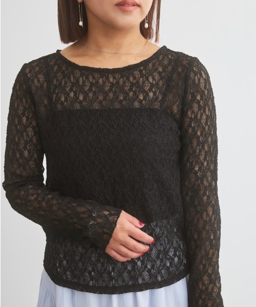 COHINA(コヒナ)の「ストレッチレースボートネックトップス 【低身長・小柄女性】(Tシャツ/カットソー・レディース・ブラック/ホワイト・ONE SIZE)」の2枚目の写真