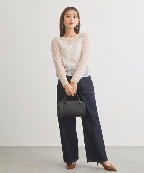 COHINA(コヒナ)の「ストレッチレースボートネックトップス 【低身長・小柄女性】(Tシャツ/カットソー・レディース・ブラック/ホワイト・ONE SIZE)」の6枚目の写真