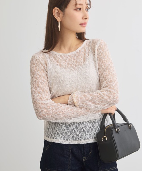 COHINA(コヒナ)の「ストレッチレースボートネックトップス 【低身長・小柄女性】(Tシャツ/カットソー・レディース・ブラック/ホワイト・ONE SIZE)」の4枚目の写真