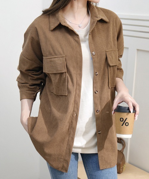 Beststore(ベストストア)の「「着回し力抜群 大人のこなれ感漂う」 コーデュロイ シャツジャケット 長袖 オーバーサイズ ビッグシルエット(シャツ/ブラウス・レディース・ブラウン/アイボリー/ピンク/ベージュ・FREE)」の3枚目の写真