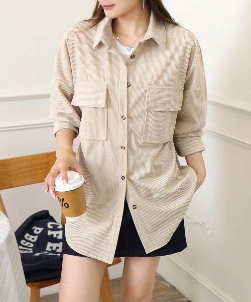 Beststore(ベストストア)の「「着回し力抜群 大人のこなれ感漂う」 コーデュロイ シャツジャケット 長袖 オーバーサイズ ビッグシルエット(シャツ/ブラウス・レディース・ブラウン/アイボリー/ピンク/ベージュ・FREE)」の2枚目の写真