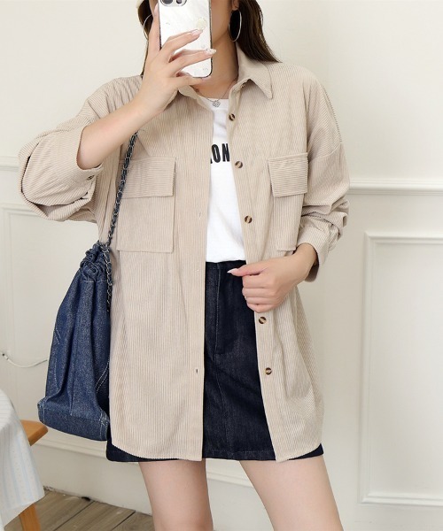 Beststore(ベストストア)の「「着回し力抜群 大人のこなれ感漂う」 コーデュロイ シャツジャケット 長袖 オーバーサイズ ビッグシルエット(シャツ/ブラウス・レディース・ブラウン/アイボリー/ピンク/ベージュ・FREE)」の7枚目の写真
