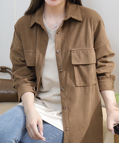 Beststore(ベストストア)の「「着回し力抜群 大人のこなれ感漂う」 コーデュロイ シャツジャケット 長袖 オーバーサイズ ビッグシルエット(シャツ/ブラウス・レディース・ブラウン/アイボリー/ピンク/ベージュ・FREE)」の10枚目の写真