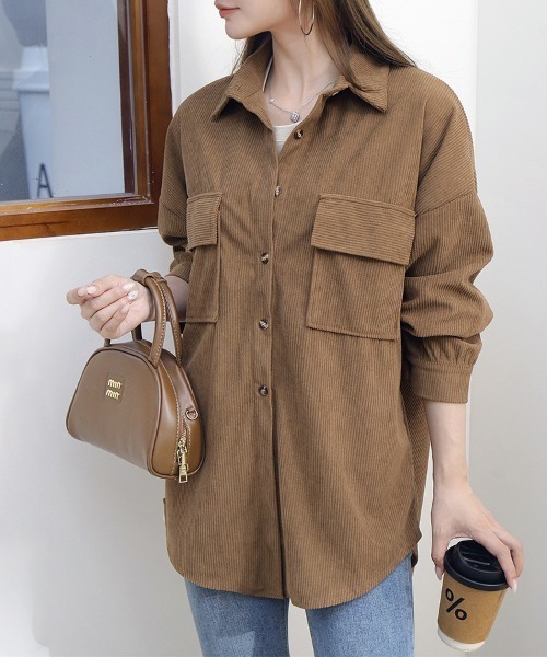 Beststore(ベストストア)の「「着回し力抜群 大人のこなれ感漂う」 コーデュロイ シャツジャケット 長袖 オーバーサイズ ビッグシルエット(シャツ/ブラウス・レディース・ブラウン/アイボリー/ピンク/ベージュ・FREE)」の13枚目の写真