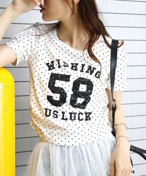 SpRay(スプレイ)の「ドットナンバリングショートスリーブTシャツ(Tシャツ/カットソー・レディース・ブラック/グレー/オフホワイト・FREE)」の1枚目の写真
