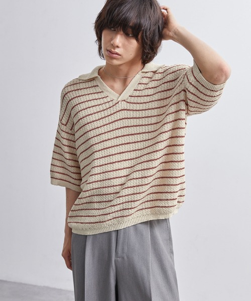 EMMA CLOTHES（エマクローズ）の「short sleeved skipper knit / 半袖スキッパーニット《後藤ファン/daichi別注カラー》（ポロシャツ・メンズ・チャコール/グリーン/ブラック/ブラウン系1/ホワイト系1・L/M）」の2枚目の写真