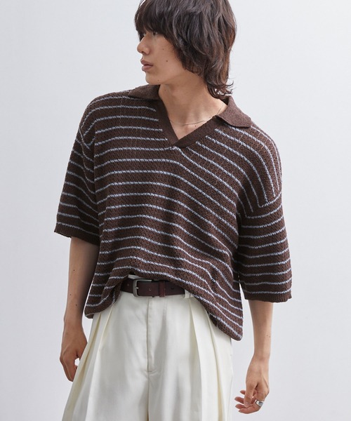 EMMA CLOTHES（エマクローズ）の「short sleeved skipper knit / 半袖スキッパーニット《後藤ファン/daichi別注カラー》（ポロシャツ・メンズ・チャコール/グリーン/ブラック/ブラウン系1/ホワイト系1・L/M）」の6枚目の写真