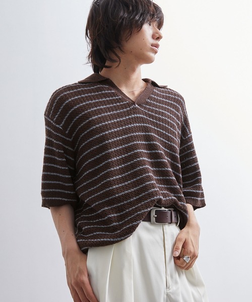 EMMA CLOTHES（エマクローズ）の「short sleeved skipper knit / 半袖スキッパーニット《後藤ファン/daichi別注カラー》（ポロシャツ・メンズ・チャコール/グリーン/ブラック/ブラウン系1/ホワイト系1・L/M）」の8枚目の写真