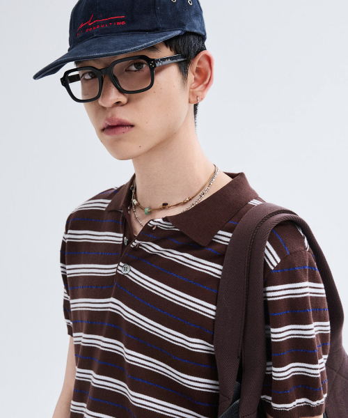 LEIRE（ルアール）の「ストライプカラー半袖クロップニット[ブラウン]（Tシャツ/カットソー・メンズ・その他・MEDIUM/LARGE/X-LARGE）」の2枚目の写真