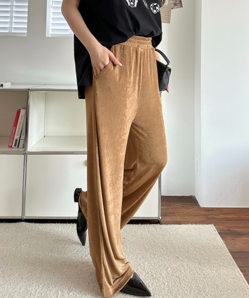 umune（ウムネ）の「ジャージパンツ イージーパンツ ストレート ワイド シルエット ウエストゴム 落ち感 ボトムス ロング丈 リラックス カジュアル（その他パンツ・レディース・ベージュ/キャメル/ブラック・L/M）」の3枚目の写真