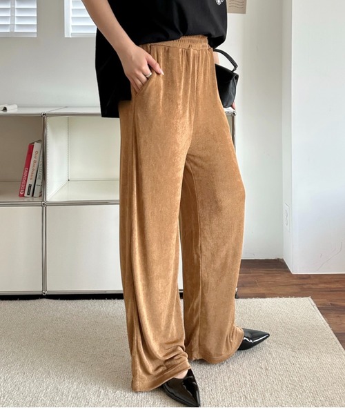 umune（ウムネ）の「ジャージパンツ イージーパンツ ストレート ワイド シルエット ウエストゴム 落ち感 ボトムス ロング丈 リラックス カジュアル（その他パンツ・レディース・ベージュ/キャメル/ブラック・L/M）」の4枚目の写真