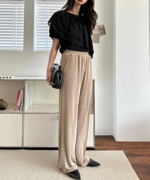 umune（ウムネ）の「ジャージパンツ イージーパンツ ストレート ワイド シルエット ウエストゴム 落ち感 ボトムス ロング丈 リラックス カジュアル（その他パンツ・レディース・ベージュ/キャメル/ブラック・L/M）」の9枚目の写真