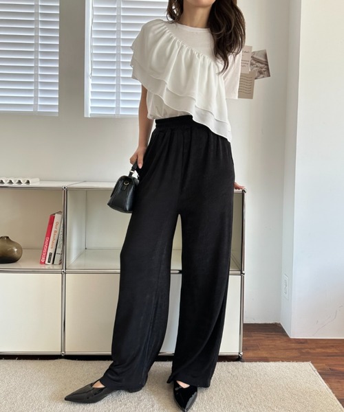 umune（ウムネ）の「ジャージパンツ イージーパンツ ストレート ワイド シルエット ウエストゴム 落ち感 ボトムス ロング丈 リラックス カジュアル（その他パンツ・レディース・ベージュ/キャメル/ブラック・L/M）」の13枚目の写真